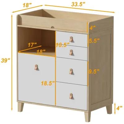 33.5 in. W Burly Wood Grain and White Rectangle Wooden End/Side Table with 5 Drawers, Top Storage Surface and Open Shelf