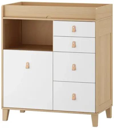 33.5 in. W Burly Wood Grain and White Rectangle Wooden End/Side Table with 5 Drawers, Top Storage Surface and Open Shelf