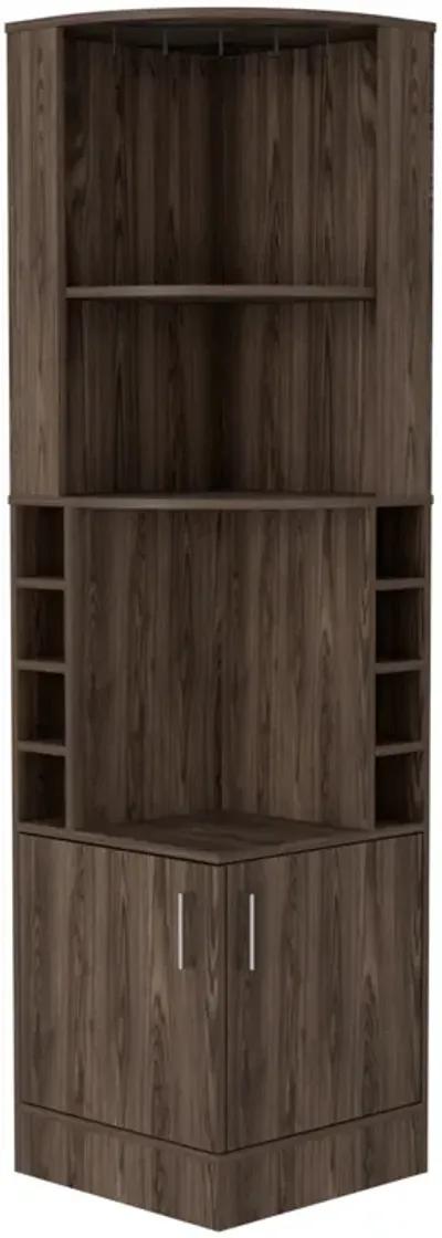 Syrah Corner Bar Cabinet, Eight Bottle Cubbies, Double Door, Two Open Shelves-Black