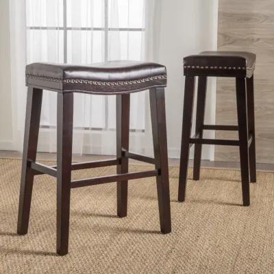 Elegant Saddle Shaped Bar Stools with Studded Cushioned Seat and Rubberwood Legs