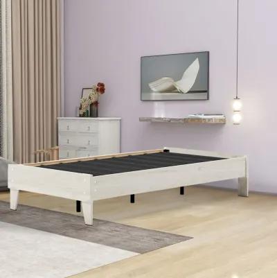 Wooden Twin Platform Bed with Grains, Off White - Benzara