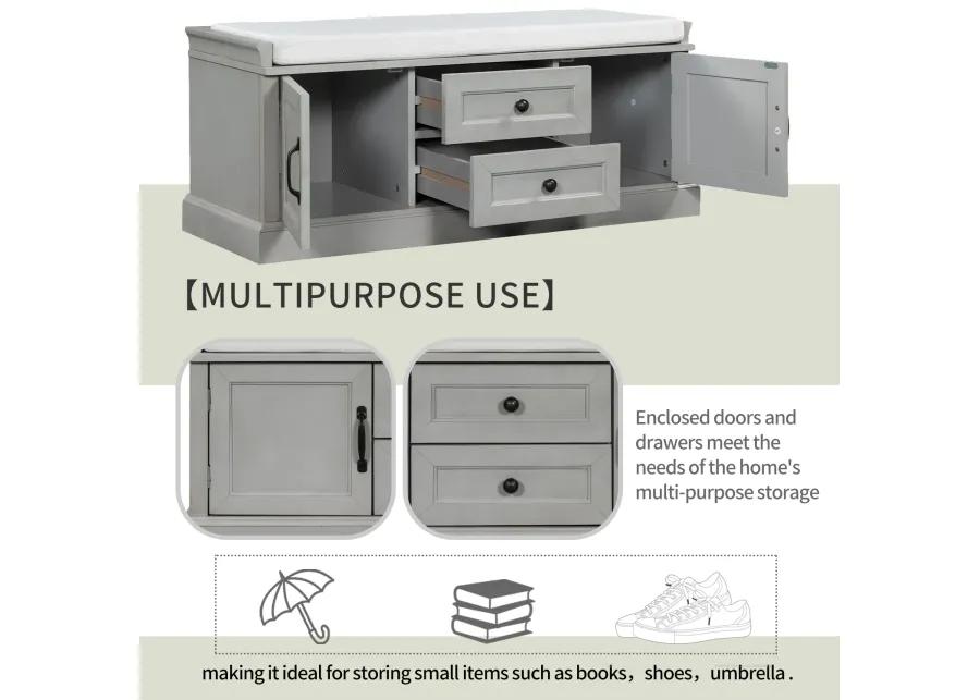 Storage Bench With 2 Drawers And 2 Cabinets, Shoe Bench With Removable Cushion For Living Room