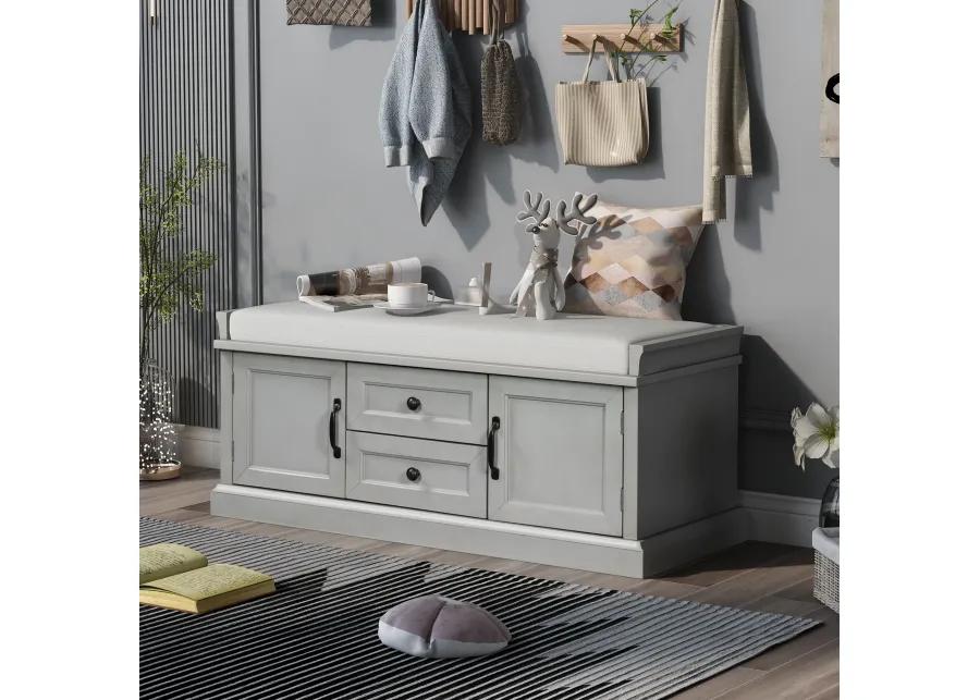 Storage Bench With 2 Drawers And 2 Cabinets, Shoe Bench With Removable Cushion For Living Room