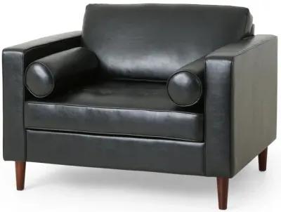 Accent Club Chair, 45 Inch Padded Seat, Birch Wood Legs, Black Faux Leather