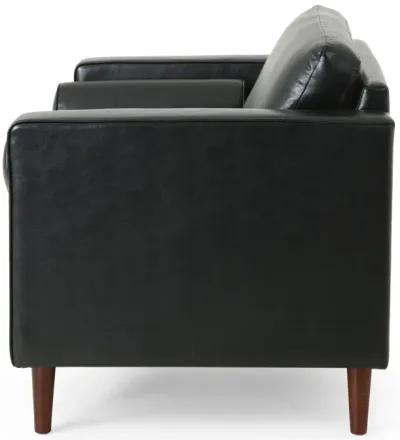 Accent Club Chair, 45 Inch Padded Seat, Birch Wood Legs, Black Faux Leather