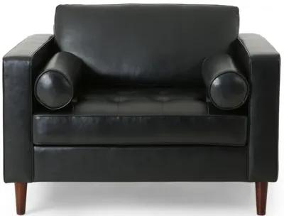 Accent Club Chair, 45 Inch Padded Seat, Birch Wood Legs, Black Faux Leather