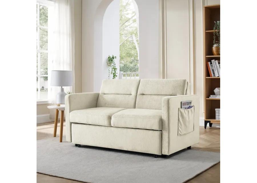 Loveseats Sofa Bed With Pull-Out Bed, Adjustable Back And Two Arm Pocket, Beige (54.5"X33" X 31.5")