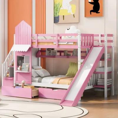 Twin Over Twin Castle Style Bunk Bed With 2 Drawers 3 Shelves And Slide Pink