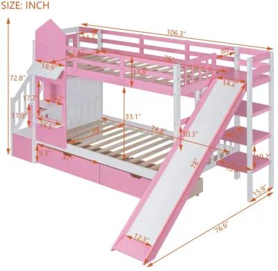 Twin Over Twin Castle Style Bunk Bed With 2 Drawers 3 Shelves And Slide Pink