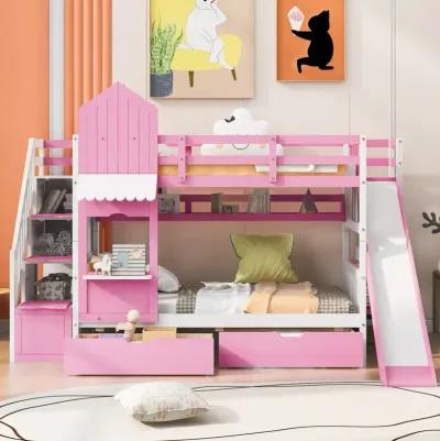 Twin Over Twin Castle Style Bunk Bed With 2 Drawers 3 Shelves And Slide Pink