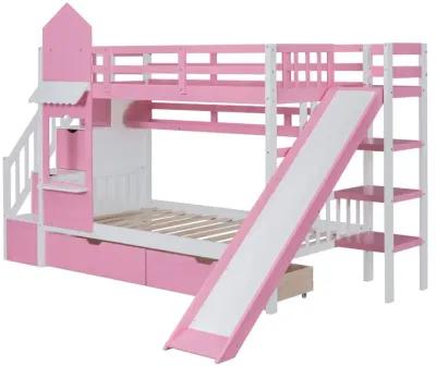 Twin Over Twin Castle Style Bunk Bed With 2 Drawers 3 Shelves And Slide Pink