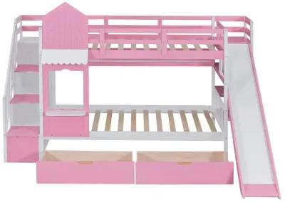 Twin Over Twin Castle Style Bunk Bed With 2 Drawers 3 Shelves And Slide Pink