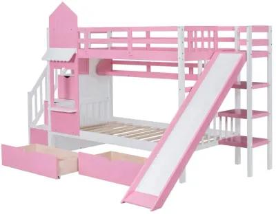 Twin Over Twin Castle Style Bunk Bed With 2 Drawers 3 Shelves And Slide Pink