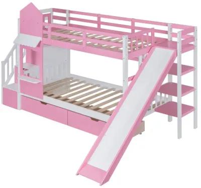 Twin Over Twin Castle Style Bunk Bed With 2 Drawers 3 Shelves And Slide Pink