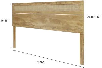 LuxenHome Oak Finish Manufactured Wood with Natural Rattan Top Headboard, King