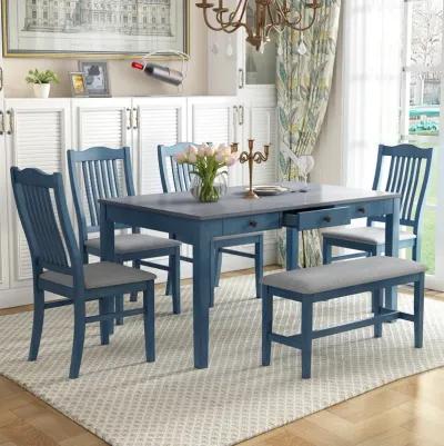 Mid-Century 6-Piece Wood Dining Table Set, Kitchen Table Set With Drawer, Upholstered Chairs