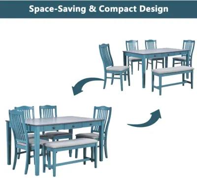 Mid-Century 6-Piece Wood Dining Table Set, Kitchen Table Set With Drawer, Upholstered Chairs