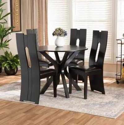 Leather Upholstered and Dark Brown Finished Wood 5-Piece Dining Set