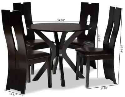 Leather Upholstered and Dark Brown Finished Wood 5-Piece Dining Set