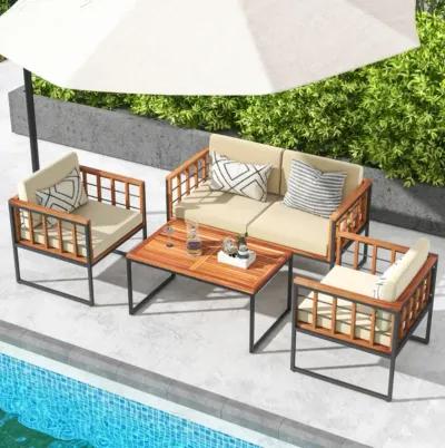 Hivvago 4 Pieces Acacia Wood Outdoor Sofa Set for Balcony, Porch, Backyard, Poolside