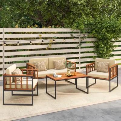 Hivvago 4 Pieces Acacia Wood Outdoor Sofa Set for Balcony, Porch, Backyard, Poolside