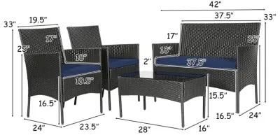 4 Pieces Patio Rattan Cushioned Sofa Set with Tempered Glass Coffee Table-Navy