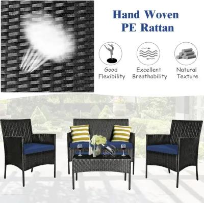 4 Pieces Patio Rattan Cushioned Sofa Set with Tempered Glass Coffee Table-Navy