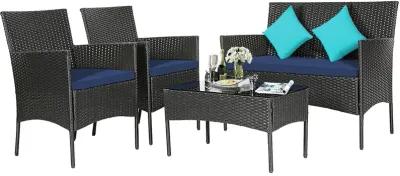 4 Pieces Patio Rattan Cushioned Sofa Set with Tempered Glass Coffee Table-Navy