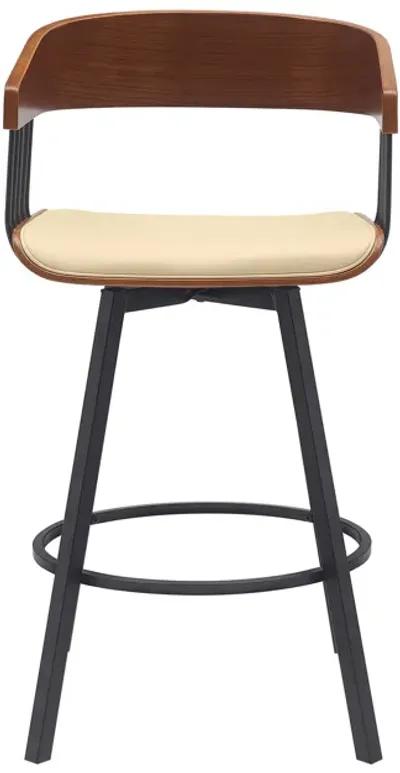 Vera 27 Inch Swivel Counter Stool Chair, Brown Open Back Cream Faux Leather - Benzara