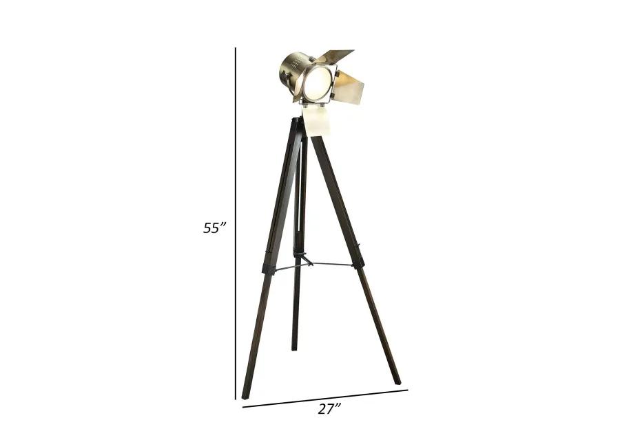 55 Inch Floor Lamp with Tripod Legs, Spotlight Design, Wood, Black Finish-Benzara