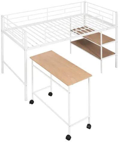 Twin Size Metal Loft Bed With Desk And Shelves