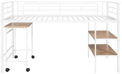 Twin Size Metal Loft Bed With Desk And Shelves