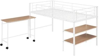 Twin Size Metal Loft Bed With Desk And Shelves