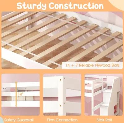 Home Wood Bunk Bed with Guard Rail and 4-step Storage Stairs No Box Spring Needed