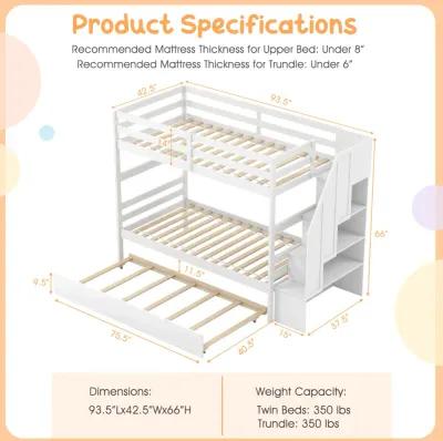 Home Wood Bunk Bed with Guard Rail and 4-step Storage Stairs No Box Spring Needed