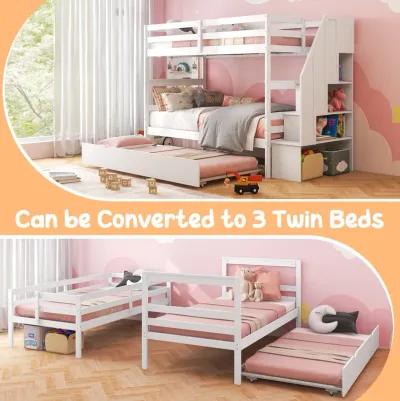 Home Wood Bunk Bed with Guard Rail and 4-step Storage Stairs No Box Spring Needed