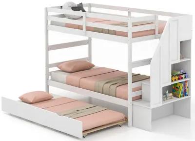 Home Wood Bunk Bed with Guard Rail and 4-step Storage Stairs No Box Spring Needed