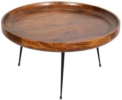 Round Mango Wood Coffee Table With Splayed Metal Legs, Brown and Black-Benzara