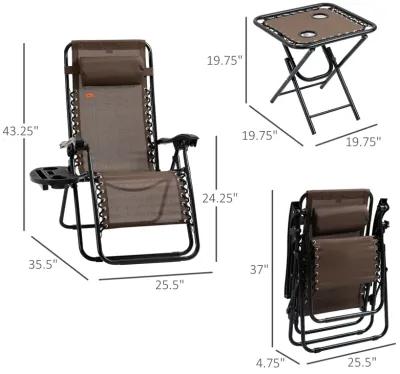 Brown Outdoor Relaxation: 3-Piece Zero Gravity Chair Set with Table