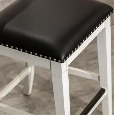 24" Counter Stool, Antique White Finish, Black Leather Seat