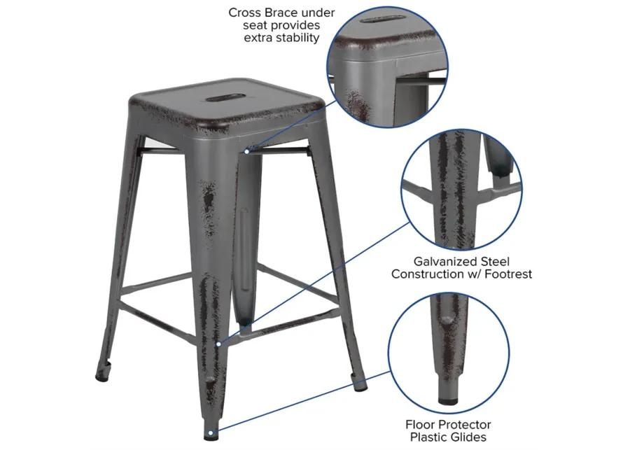 Flash Furniture Commercial Grade 24" High Backless Distressed Silver Gray Metal Indoor-Outdoor Counter Height Stool