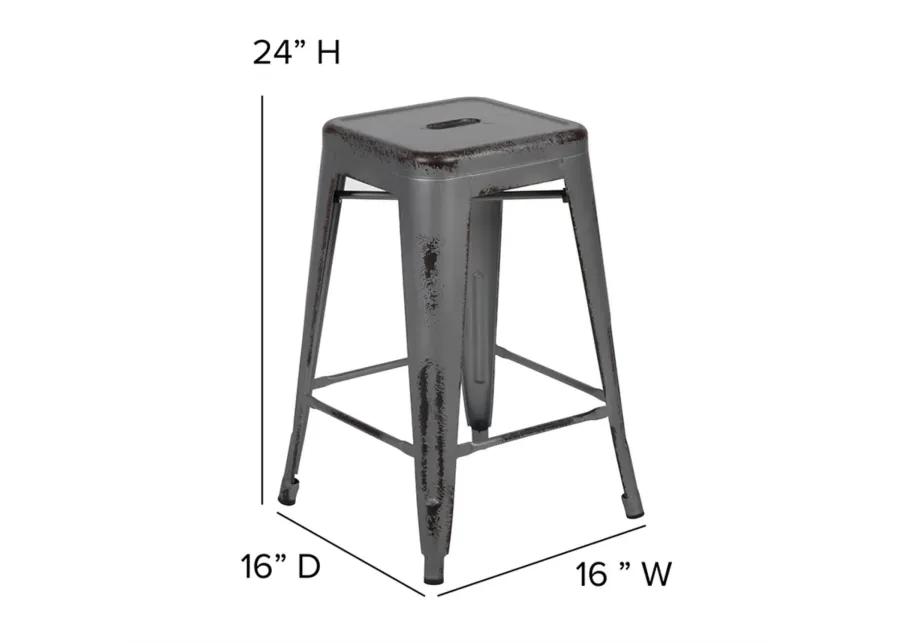 Flash Furniture Commercial Grade 24" High Backless Distressed Silver Gray Metal Indoor-Outdoor Counter Height Stool