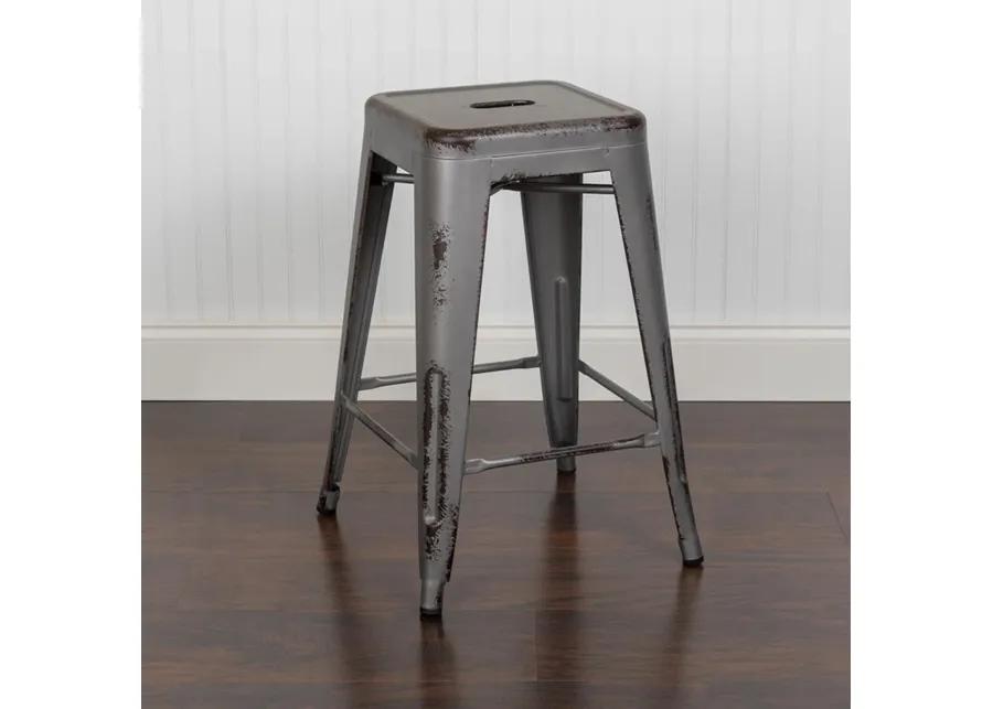 Flash Furniture Commercial Grade 24" High Backless Distressed Silver Gray Metal Indoor-Outdoor Counter Height Stool