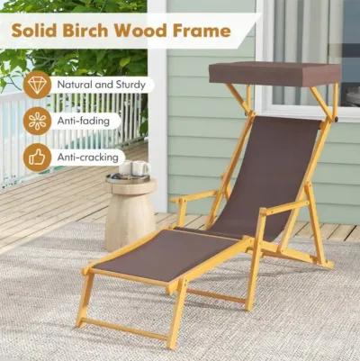 Hivvago Birch Wood Chaise Lounge Chair Foldable Beach Chair with Adjustable Canopy