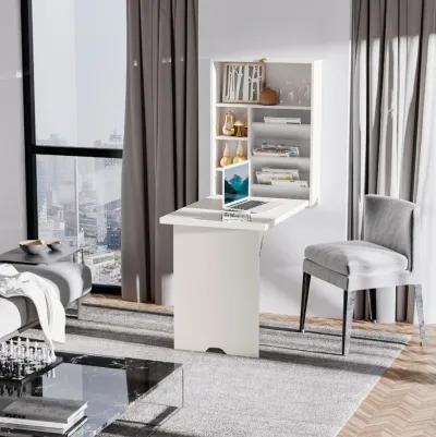 Space-Saving Workstation: White Wall-Mounted Convertible Desk with Storage