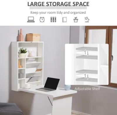 Space-Saving Workstation: White Wall-Mounted Convertible Desk with Storage