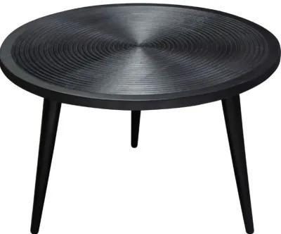 Vio 29 Inch Round Coffee Table, Embossed Surface Patterning, Black Wood - Benzara