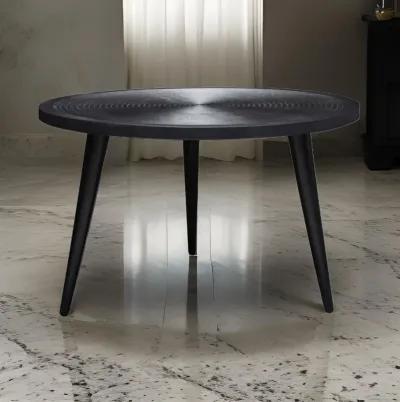 Vio 29 Inch Round Coffee Table, Embossed Surface Patterning, Black Wood - Benzara