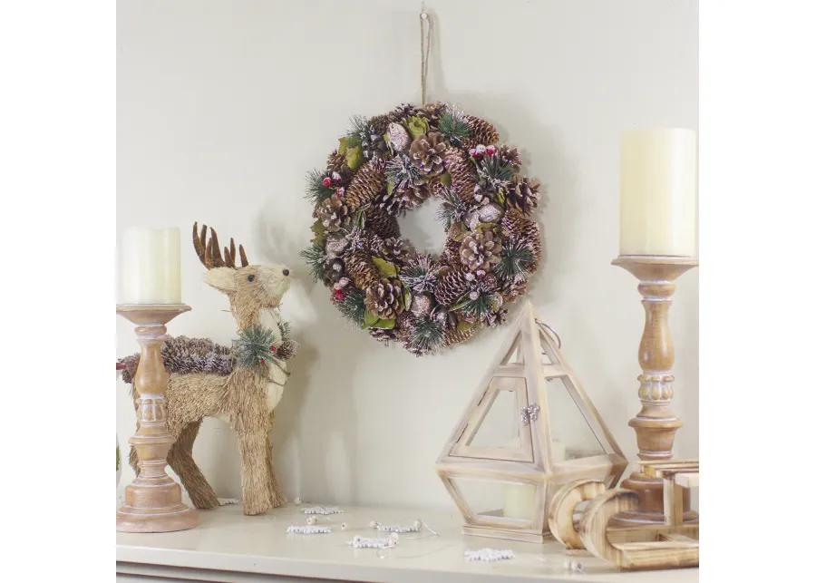 Green and Brown Frosted Pinecones and Bells Christmas Wreath - 13" Unlit