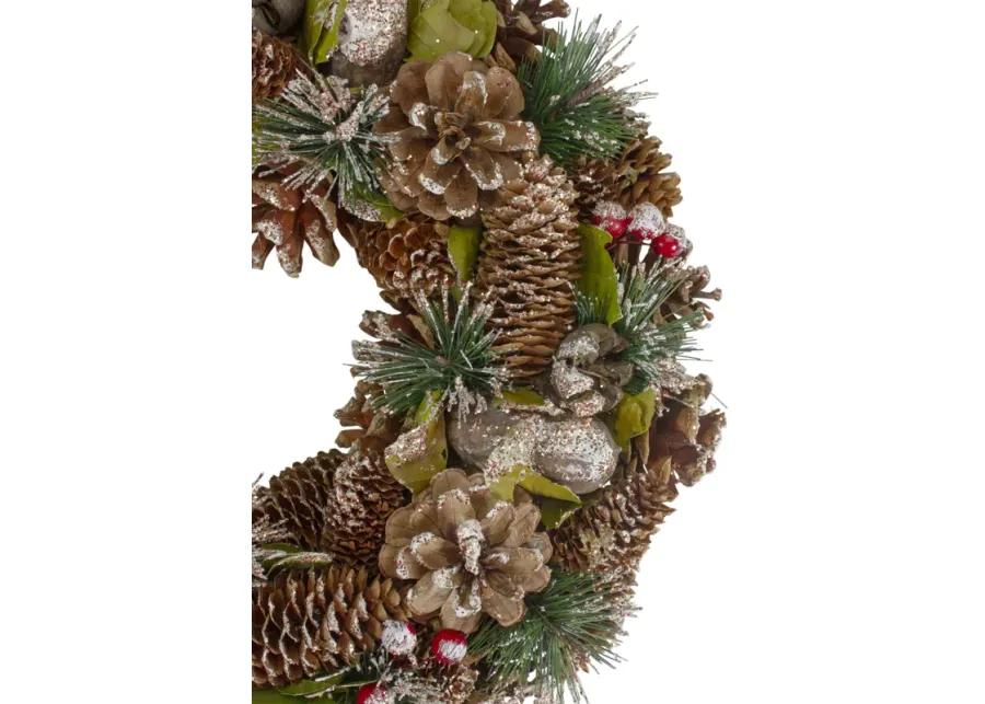 Green and Brown Frosted Pinecones and Bells Christmas Wreath - 13" Unlit